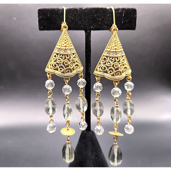 Filigree Crystal Bi-Cone Beaded Dangle Chandelier Earrings BoHo Green - Picture 1 of 11
